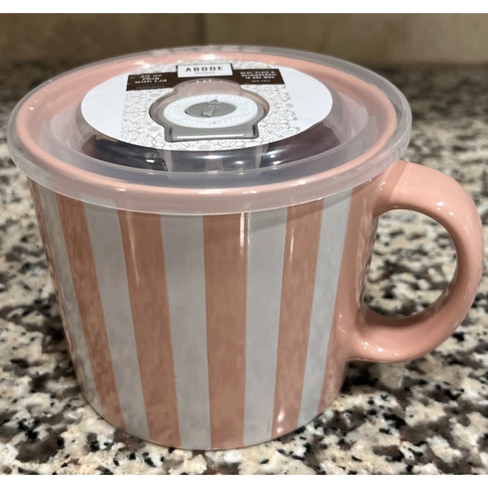New Abode 20oz Souper Mug With Lid Stoneware Pink White Striped Heat Refrigerate